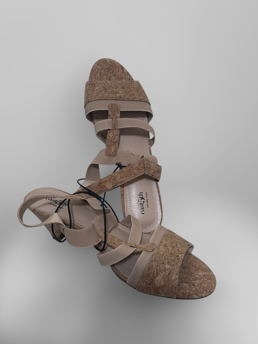 East 5th Elisa Cork & Elastic Strappy Low Kitten Heel Wedge Sandals Nude Size 11